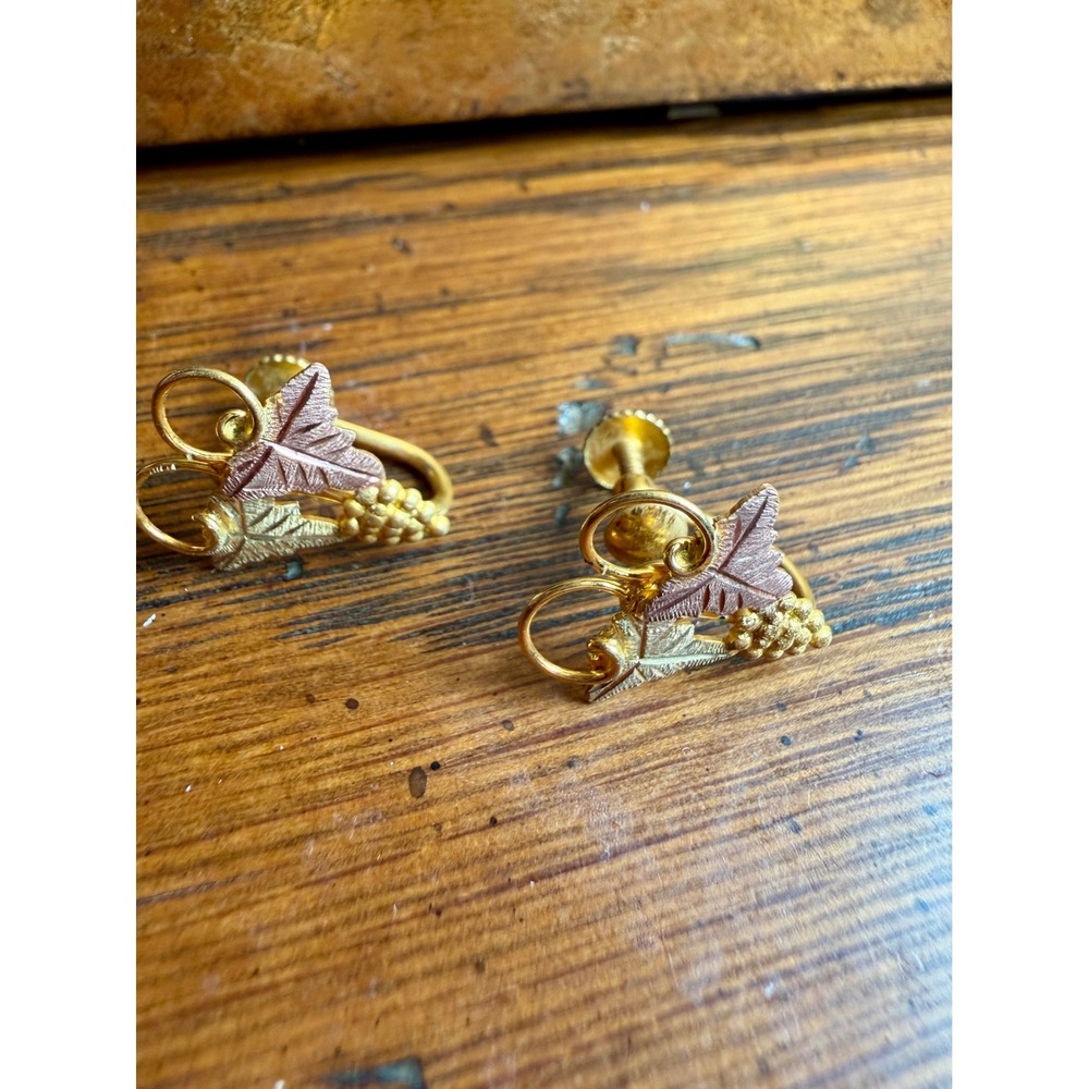 Vintage Black Hills Grape Leaf Screw Back Earrings 12K Gold Filled Tri Color
